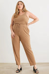 Junior Plus Camel Ribbed Two Pocket Drawstring Waist Sleeveless Jumpsuit /3-1-1 - Tasha Apparel Wholesale