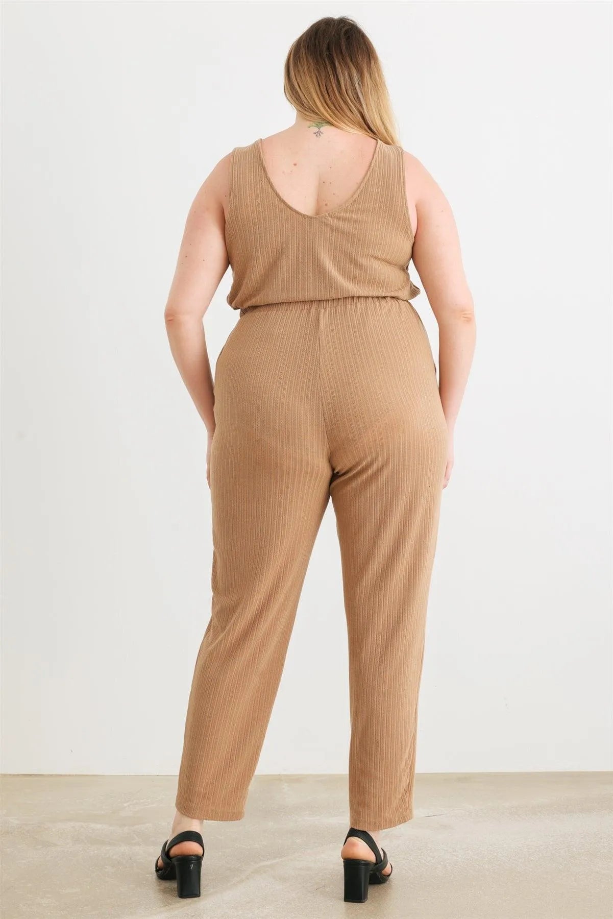 Junior Plus Camel Ribbed Two Pocket Drawstring Waist Sleeveless Jumpsuit /3-1-1 - Tasha Apparel Wholesale