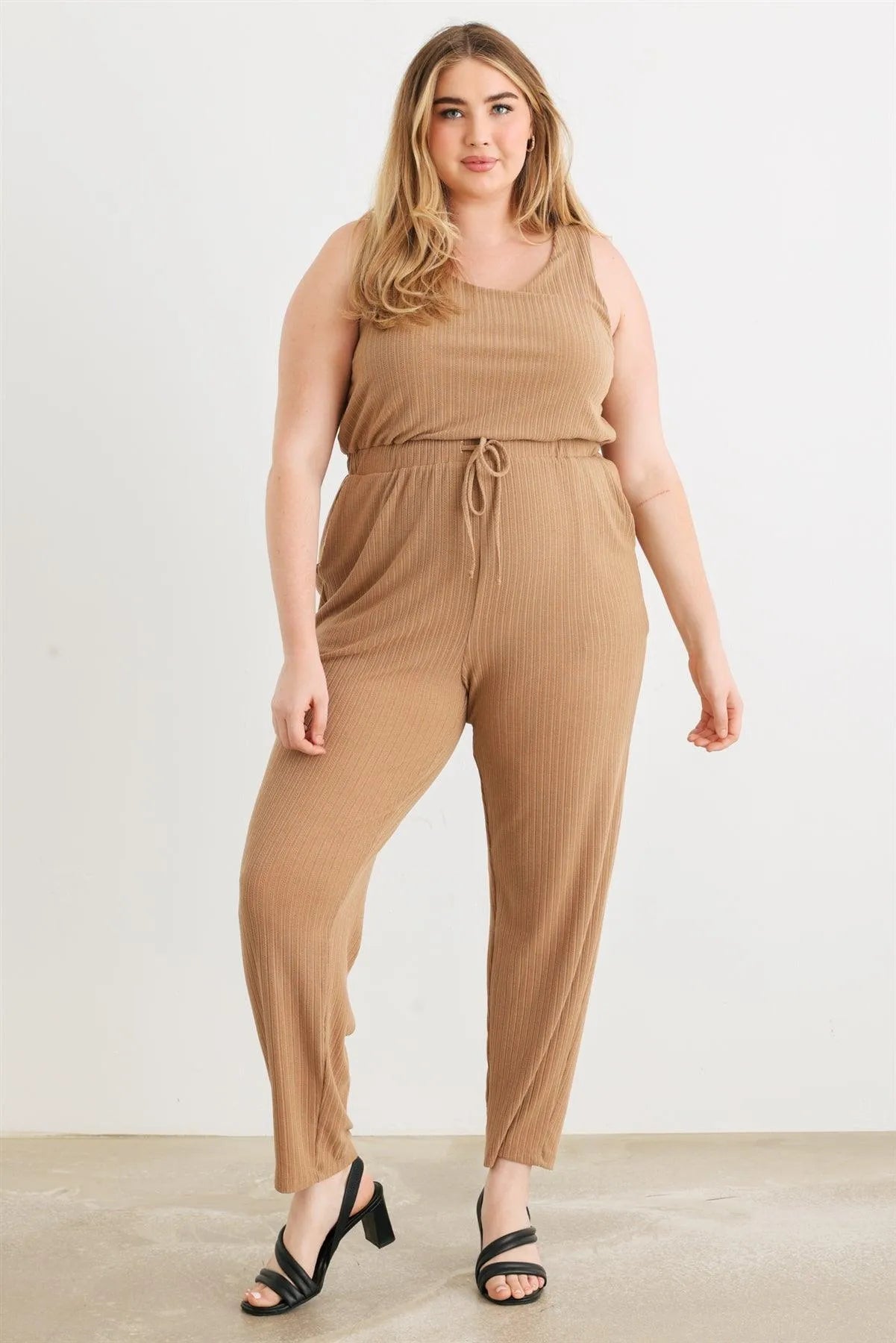 Junior Plus Camel Ribbed Two Pocket Drawstring Waist Sleeveless Jumpsuit /3-1-1 - Tasha Apparel Wholesale