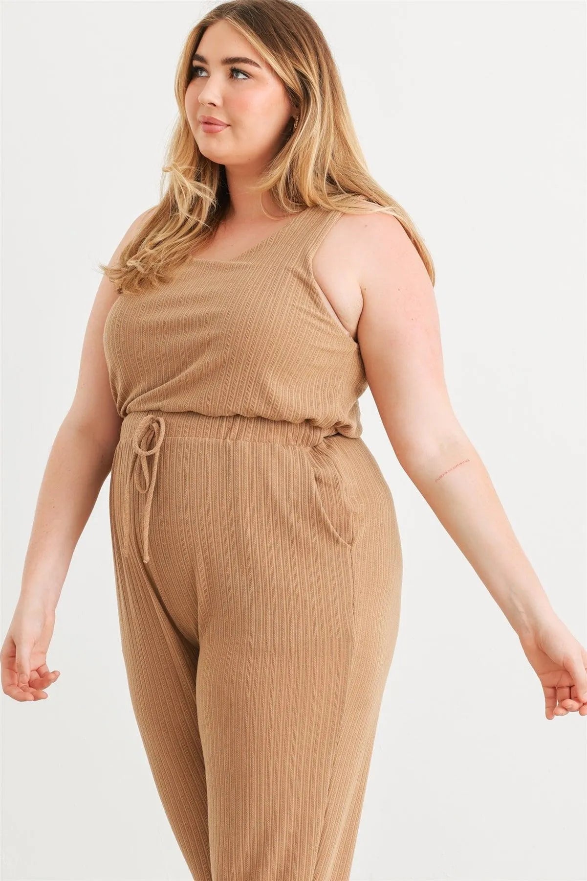 Junior Plus Camel Ribbed Two Pocket Drawstring Waist Sleeveless Jumpsuit /3-1-1 - Tasha Apparel Wholesale