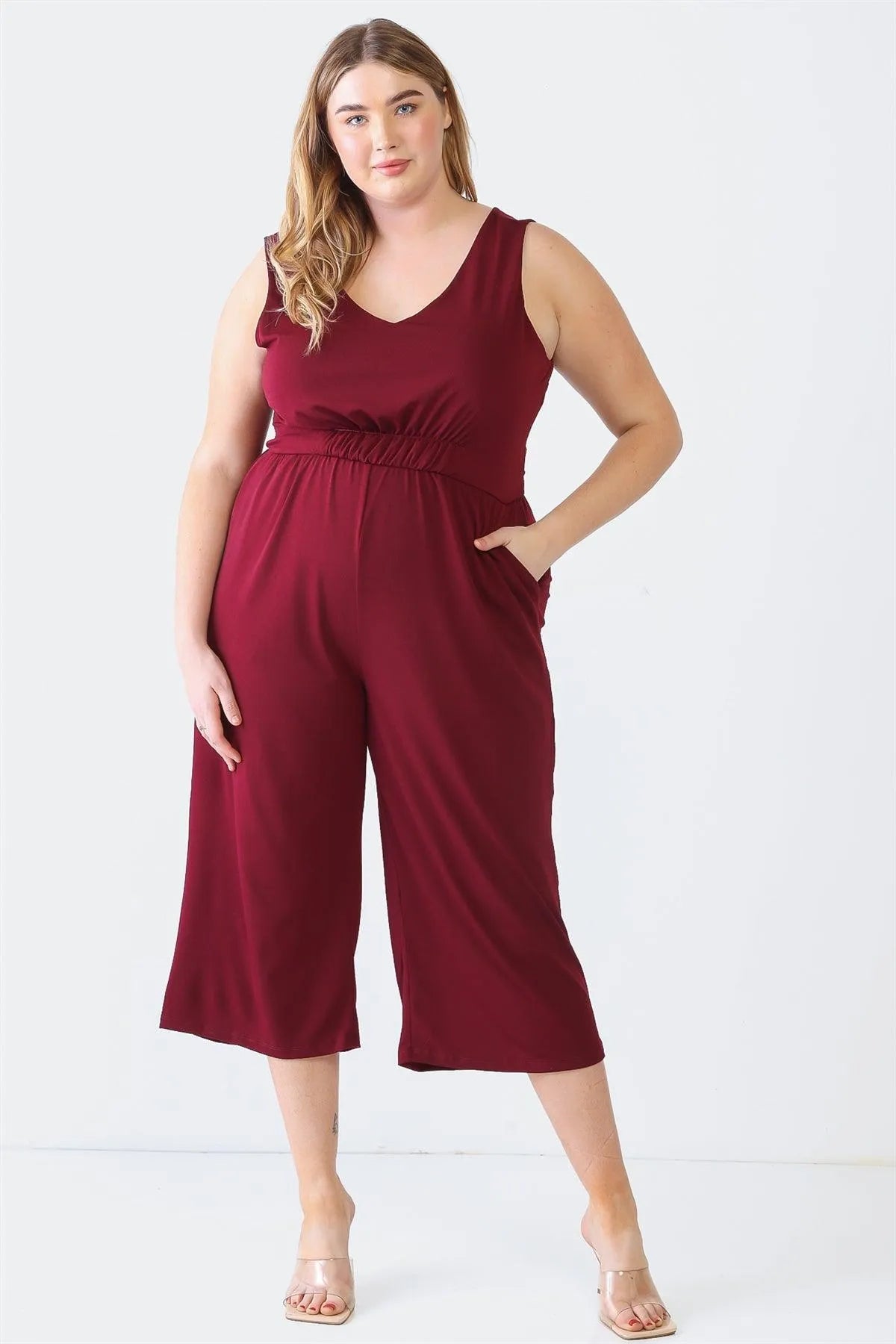 Plus Size V-Neck Two Pocket Wrap Back Jumpsuit /3-2-1 - Tasha Apparel Wholesale