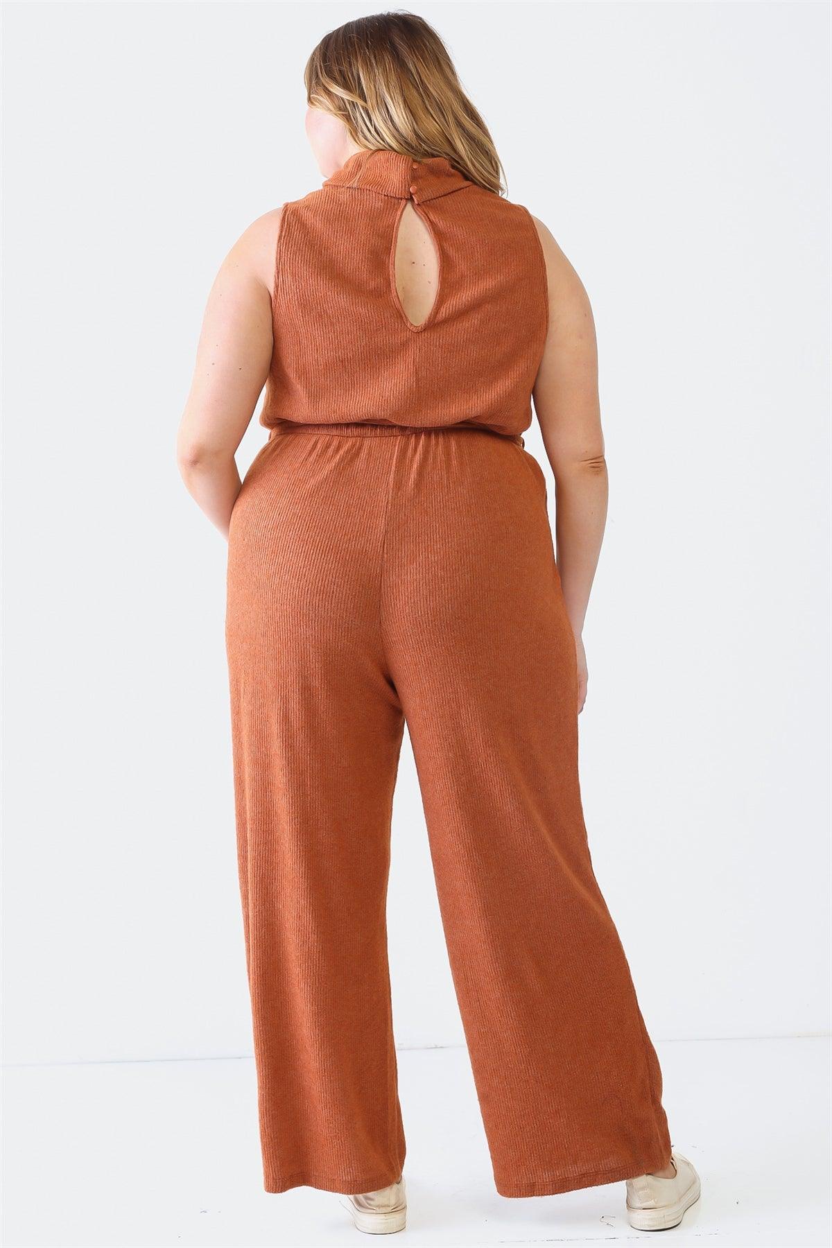 Junior Plus Rust Ribbed Sleeveless Turtle Neck Two Pocket Belted Jumpsuit /3-2-1