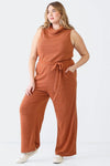 Junior Plus Rust Ribbed Sleeveless Turtle Neck Two Pocket Belted Jumpsuit /4-1-1 - Tasha Apparel Wholesale