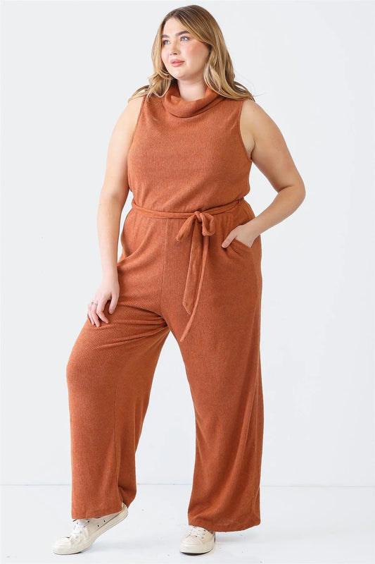 Junior Plus Rust Ribbed Sleeveless Turtle Neck Two Pocket Belted Jumpsuit /4-1-1 - Tasha Apparel Wholesale