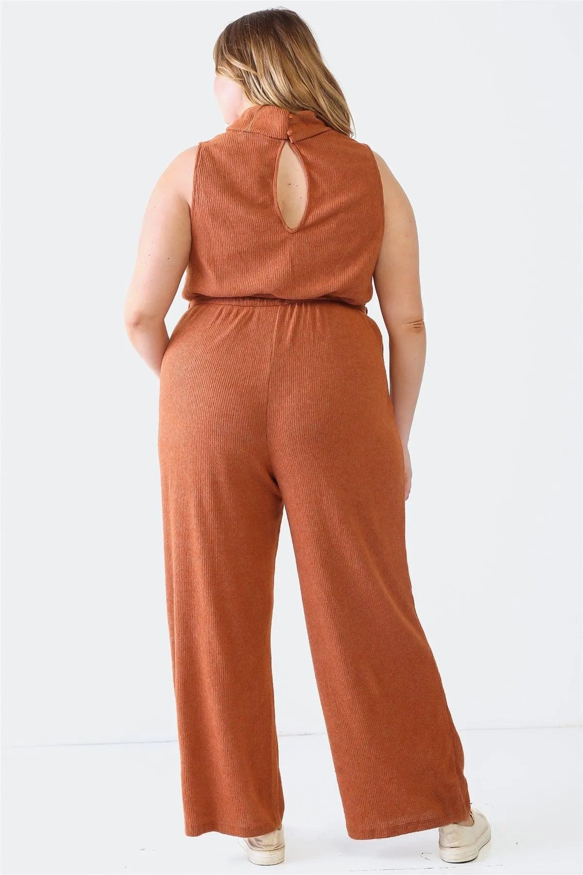 Junior Plus Rust Ribbed Sleeveless Turtle Neck Two Pocket Belted Jumpsuit /4-1-1 - Tasha Apparel Wholesale