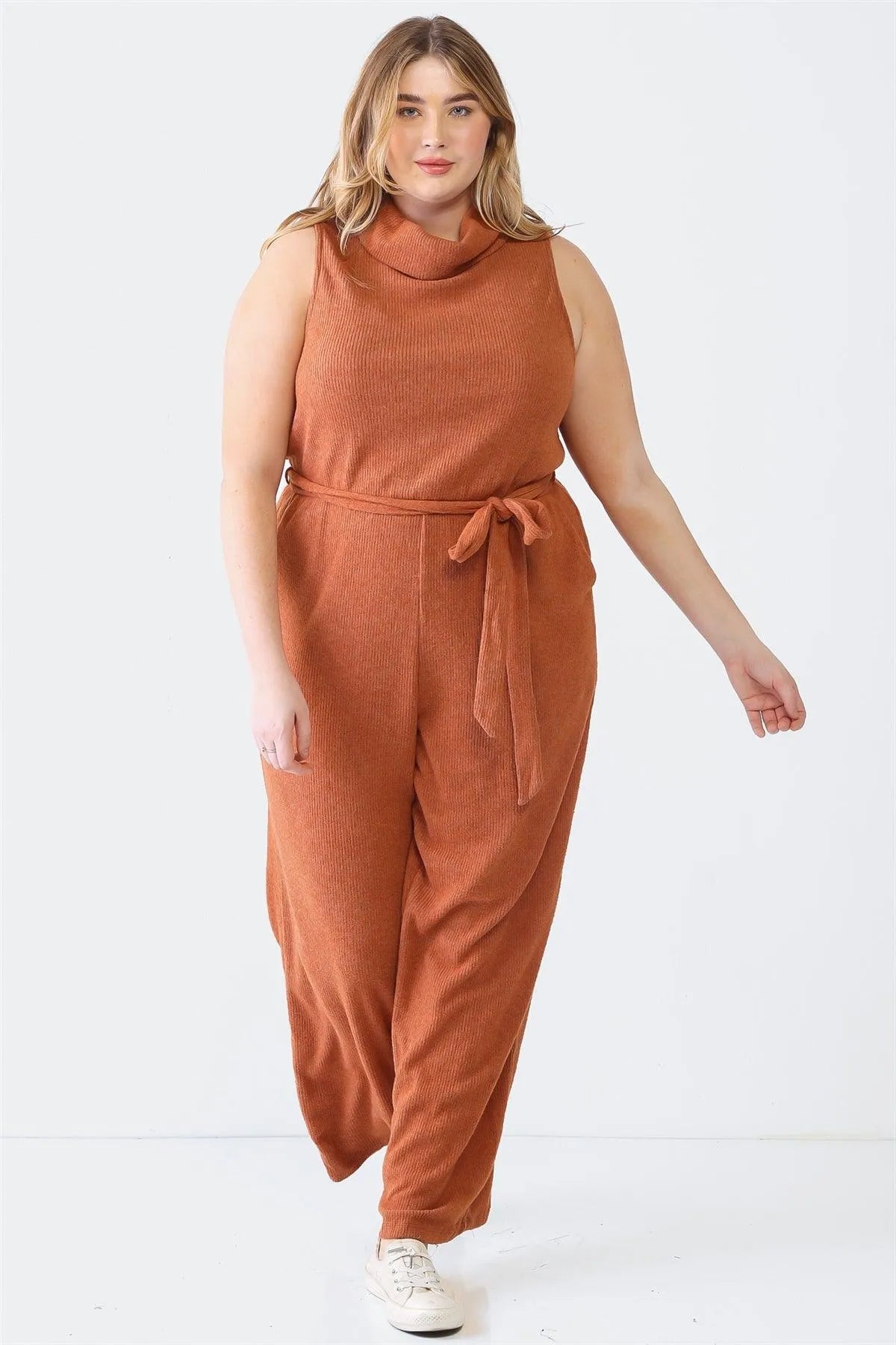 Junior Plus Rust Ribbed Sleeveless Turtle Neck Two Pocket Belted Jumpsuit /4-1-1 - Tasha Apparel Wholesale
