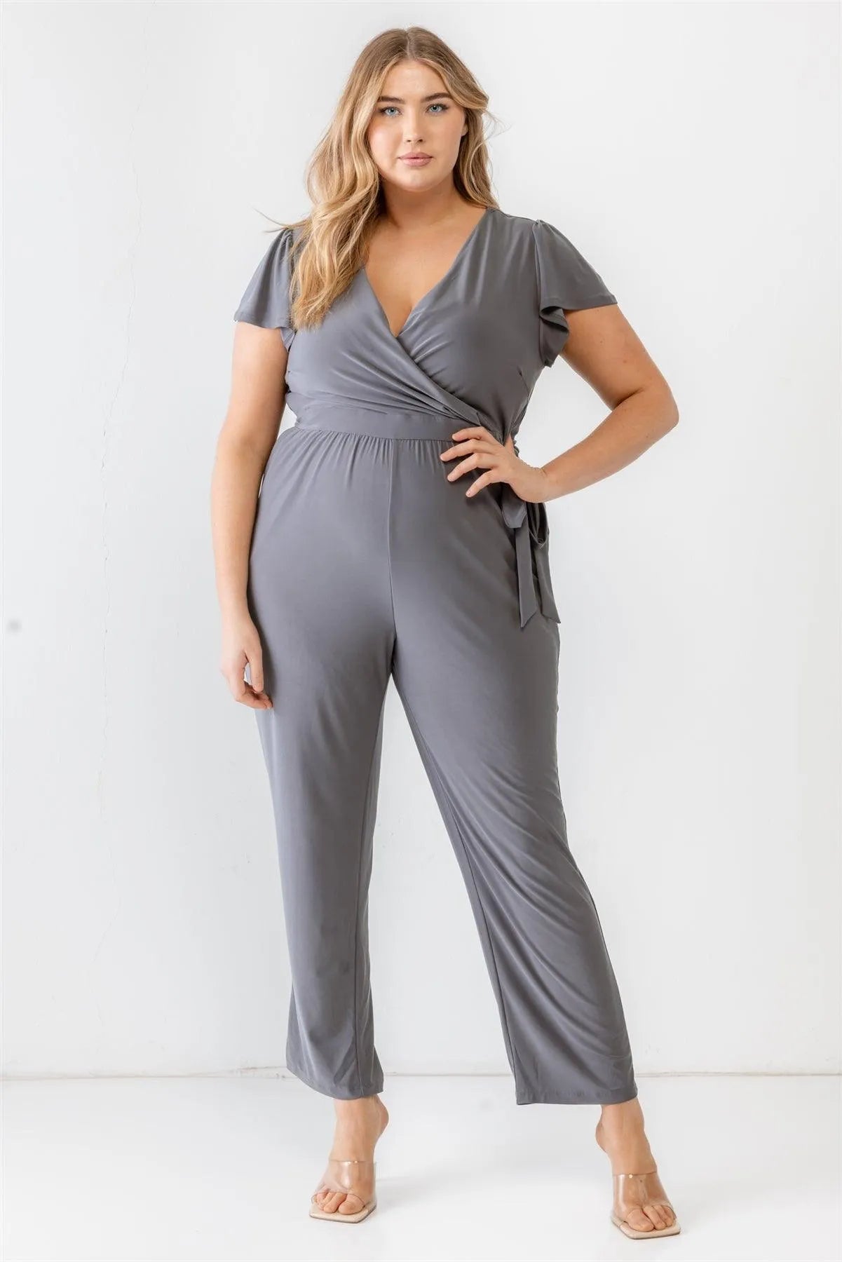 Junior Plus Charcoal Two Pocket Tie Wrap Short Sleeve Jumpsuit /3-2-1 - Tasha Apparel Wholesale