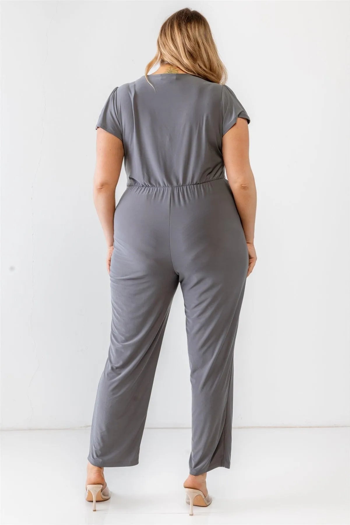 Junior Plus Charcoal Two Pocket Tie Wrap Short Sleeve Jumpsuit /3-2-1 - Tasha Apparel Wholesale