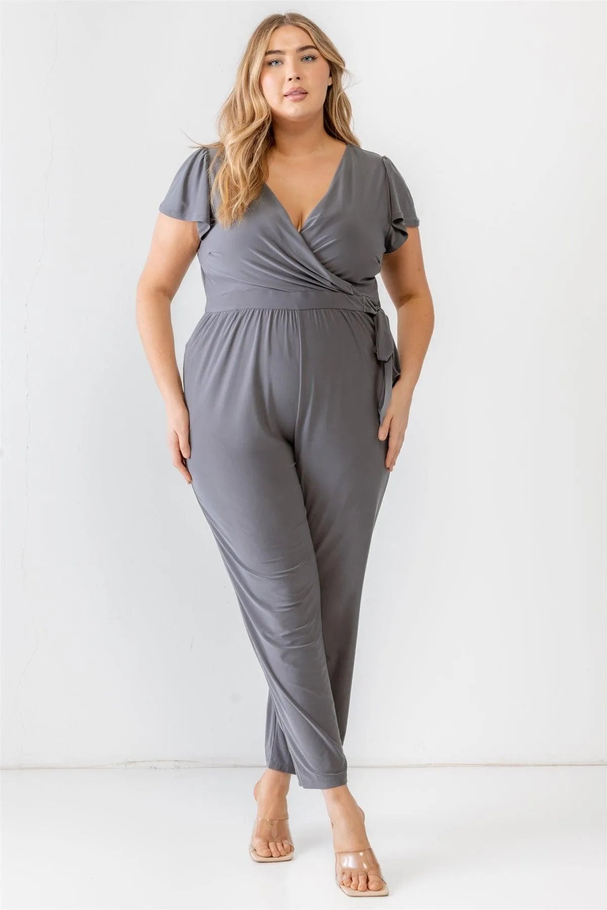 Junior Plus Charcoal Two Pocket Tie Wrap Short Sleeve Jumpsuit /3-2-1 - Tasha Apparel Wholesale