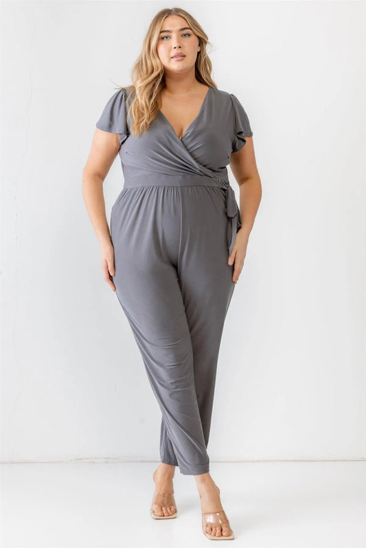 Junior Plus Charcoal Two Pocket Tie Wrap Short Sleeve Jumpsuit /3-3-2 - Tasha Apparel Wholesale