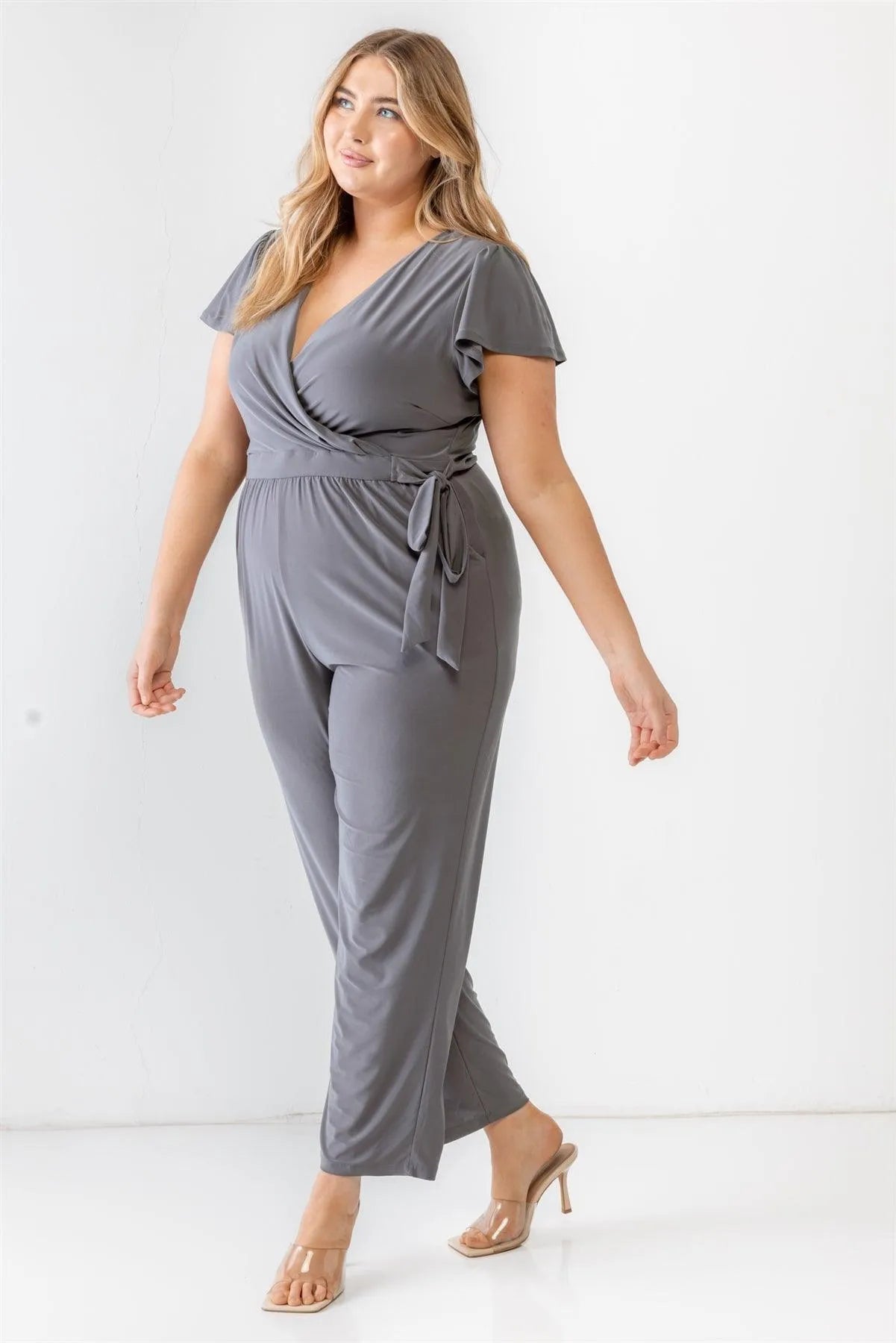 Junior Plus Charcoal Two Pocket Tie Wrap Short Sleeve Jumpsuit /3-3-2 - Tasha Apparel Wholesale
