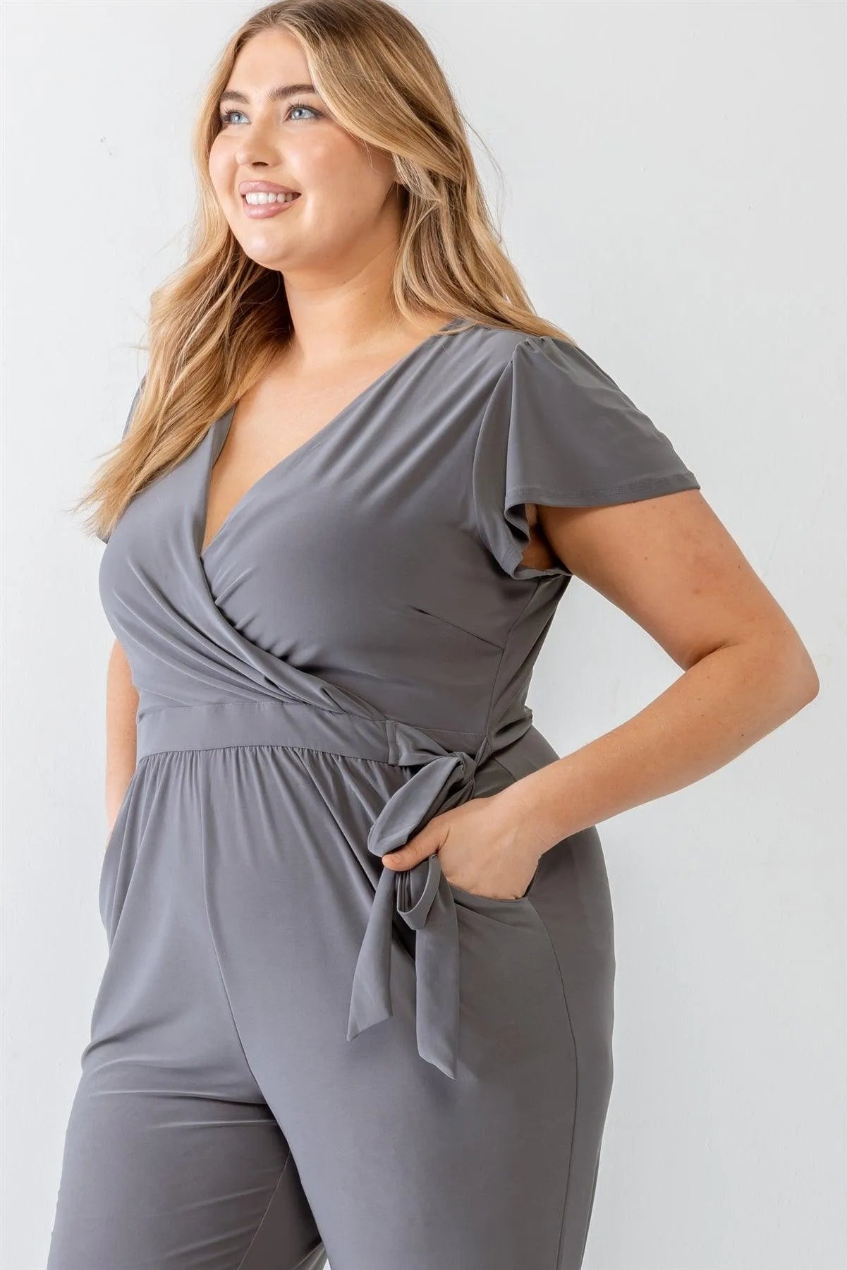 Junior Plus Charcoal Two Pocket Tie Wrap Short Sleeve Jumpsuit /3-3-2 - Tasha Apparel Wholesale