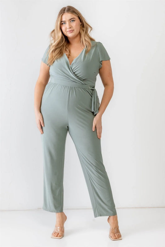 Junior Plus Sage Two Pocket Tie Wrap Short Sleeve Jumpsuit /3-2-1 - Tasha Apparel Wholesale