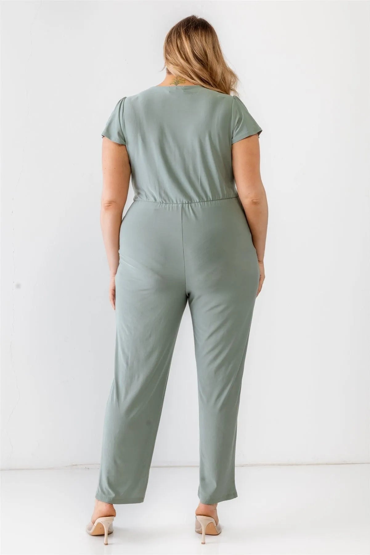 Junior Plus Sage Two Pocket Tie Wrap Short Sleeve Jumpsuit /3-2-1 - Tasha Apparel Wholesale
