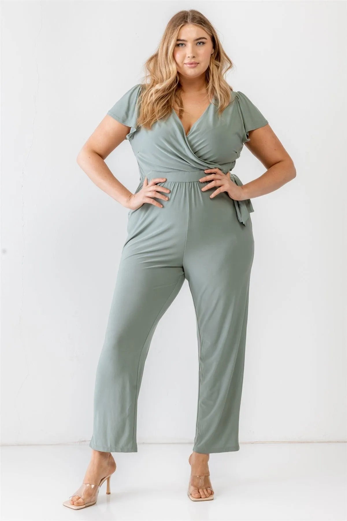 Junior Plus Sage Two Pocket Tie Wrap Short Sleeve Jumpsuit /3-2-1 - Tasha Apparel Wholesale