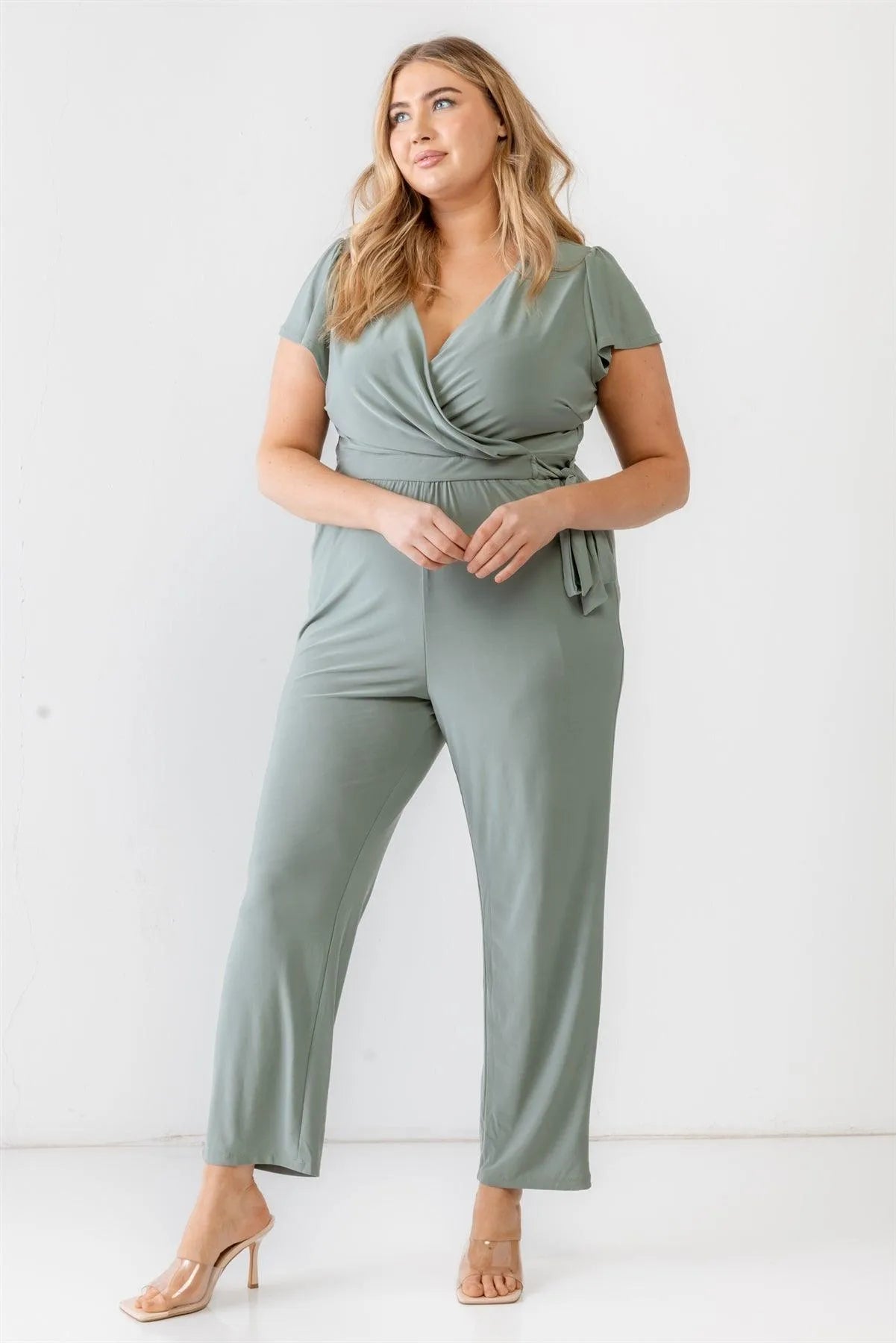 Junior Plus Sage Two Pocket Tie Wrap Short Sleeve Jumpsuit /3-2-1 - Tasha Apparel Wholesale