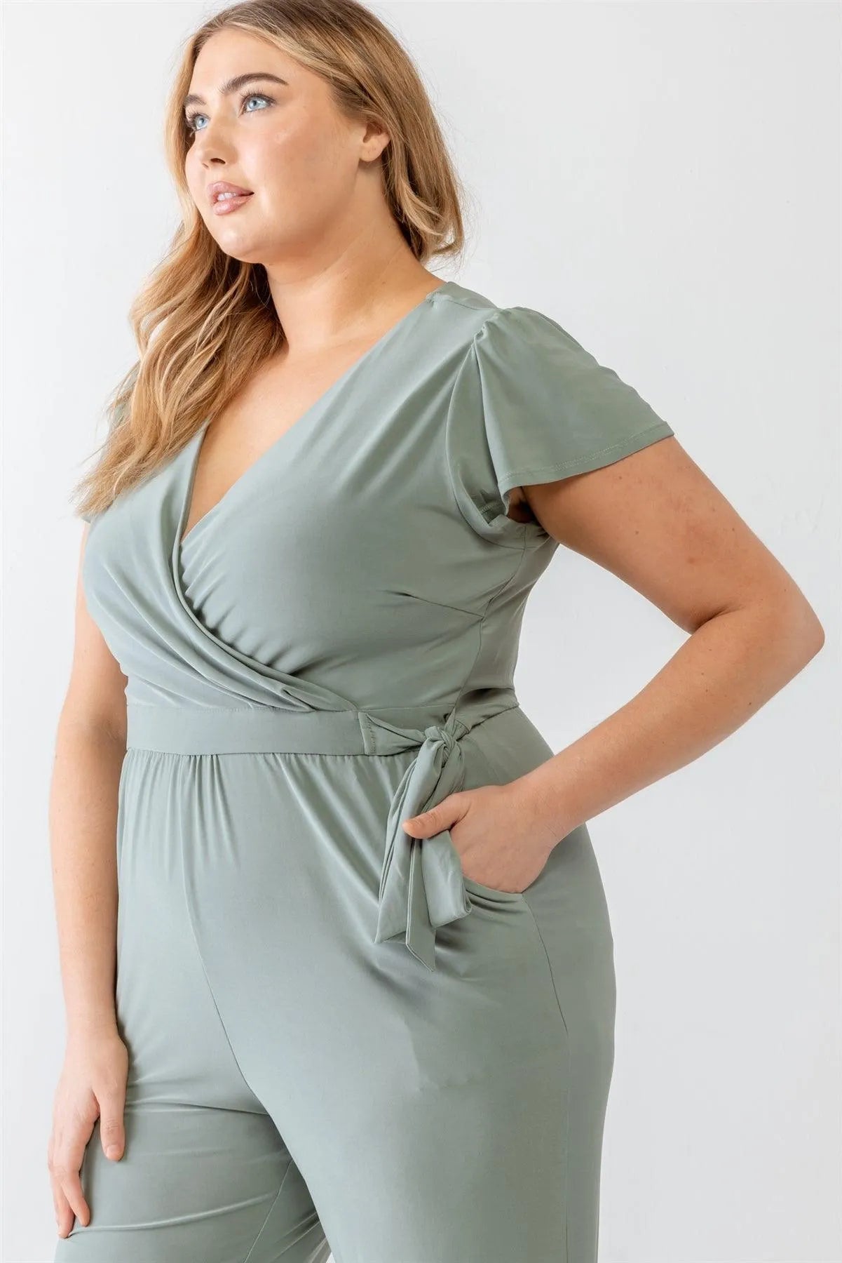Junior Plus Sage Two Pocket Tie Wrap Short Sleeve Jumpsuit /3-2-1 - Tasha Apparel Wholesale