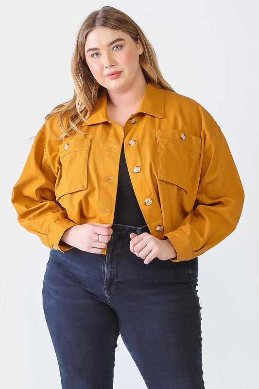 Junior Plus Mustard Cotton Button-Up Two Pocket Collared Neck Long Sleeve Jacket /3-2-1 - Tasha Apparel Wholesale