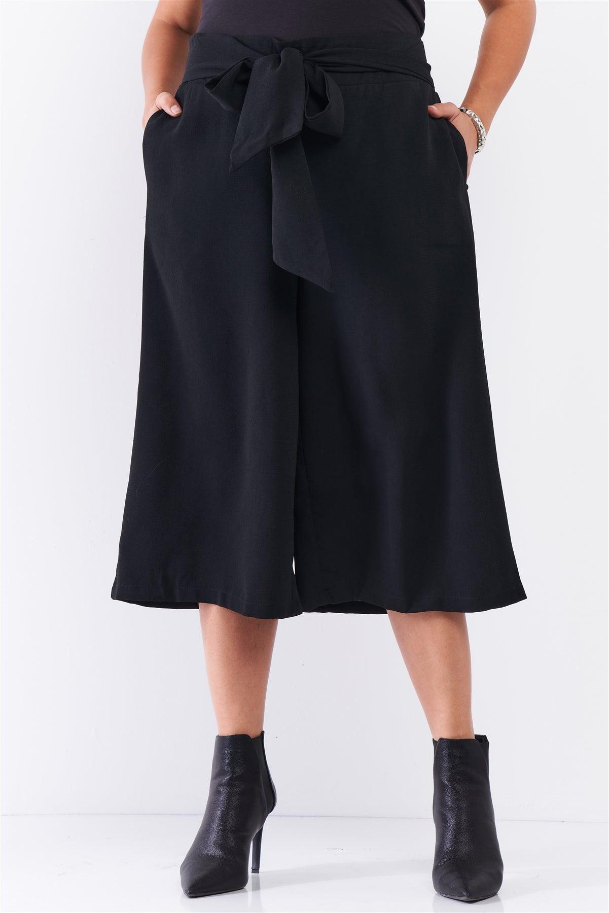 Junior Plus Black Self-Tie High Waist Detail Wide Leg Midi Length Pants /1-2-2-1