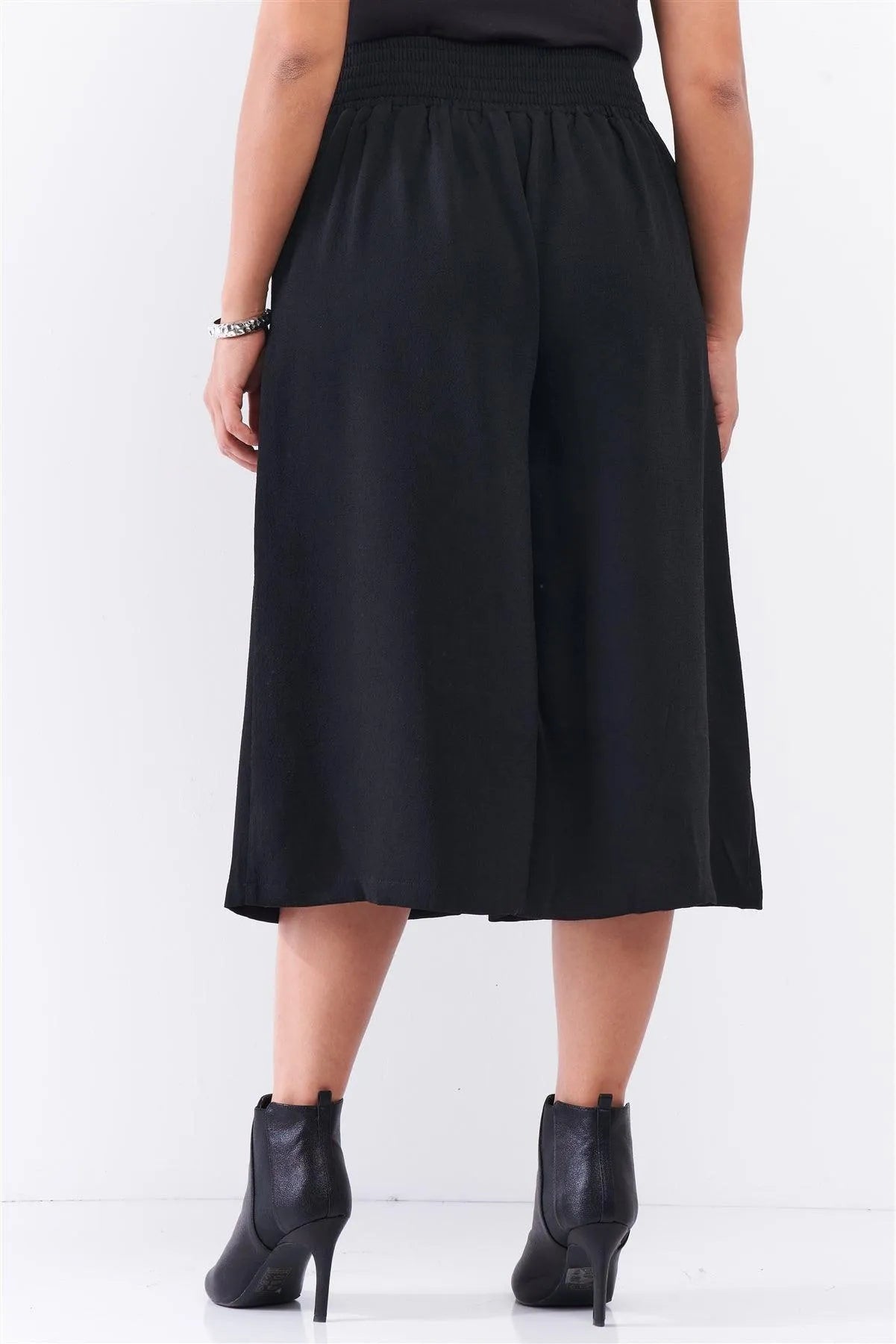 Junior Plus Black Self-Tie High Waist Detail Wide Leg Midi Length Pants /1-2-2-1 - Tasha Apparel Wholesale