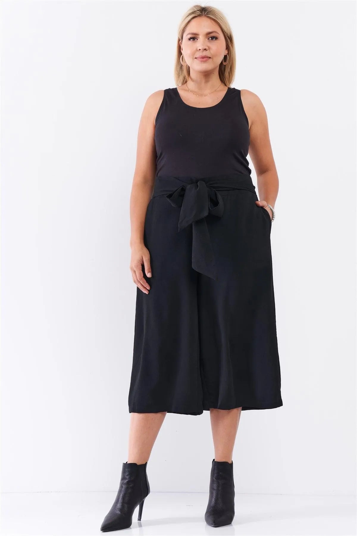 Junior Plus Black Self-Tie High Waist Detail Wide Leg Midi Length Pants /1-2-2-1 - Tasha Apparel Wholesale