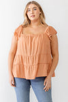 Junior Plus Apricot Crinkled Short Sleeve Flare Hem Top /3-2-1 - Tasha Apparel Wholesale