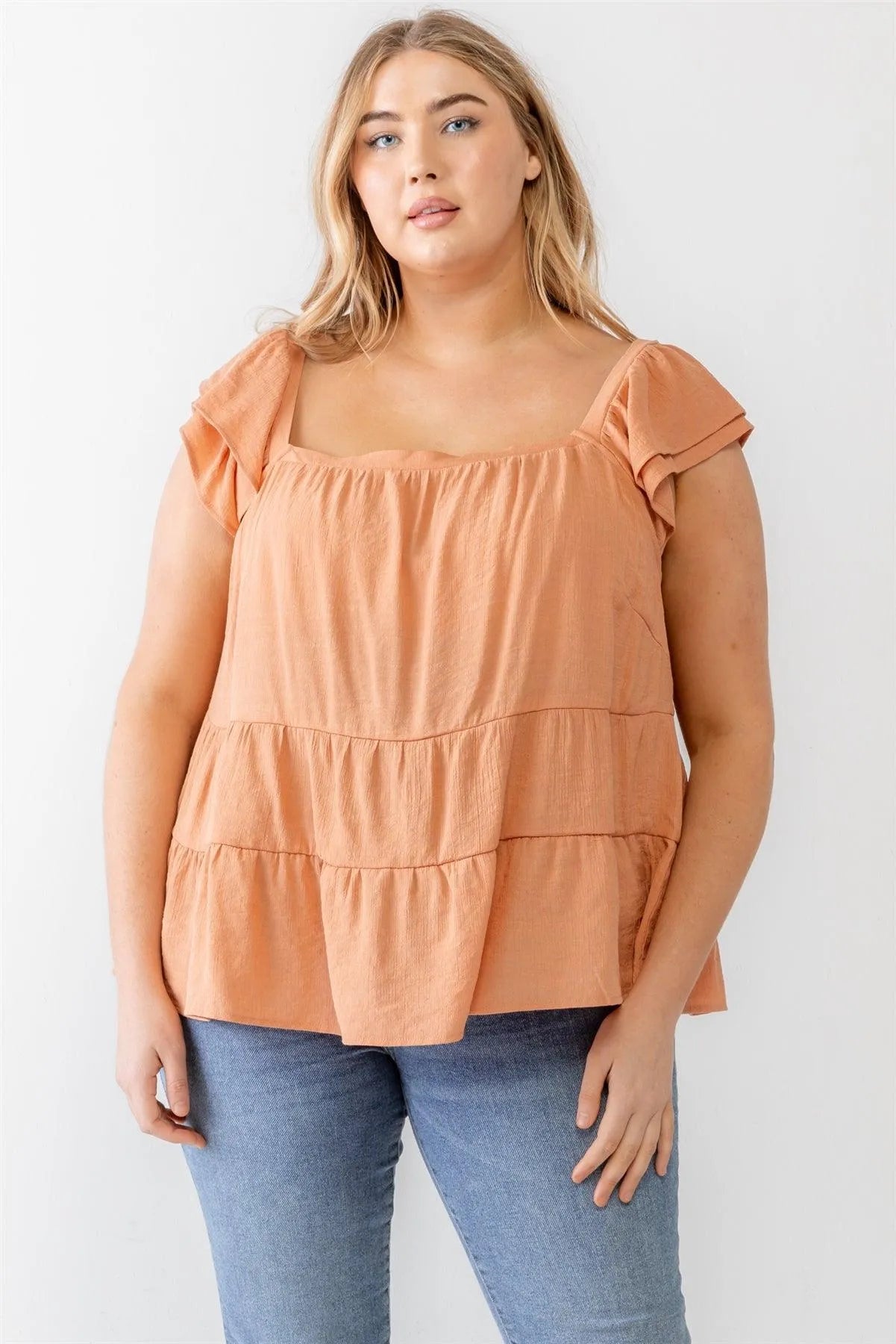Junior Plus Apricot Crinkled Short Sleeve Flare Hem Top /3-2-1 - Tasha Apparel Wholesale