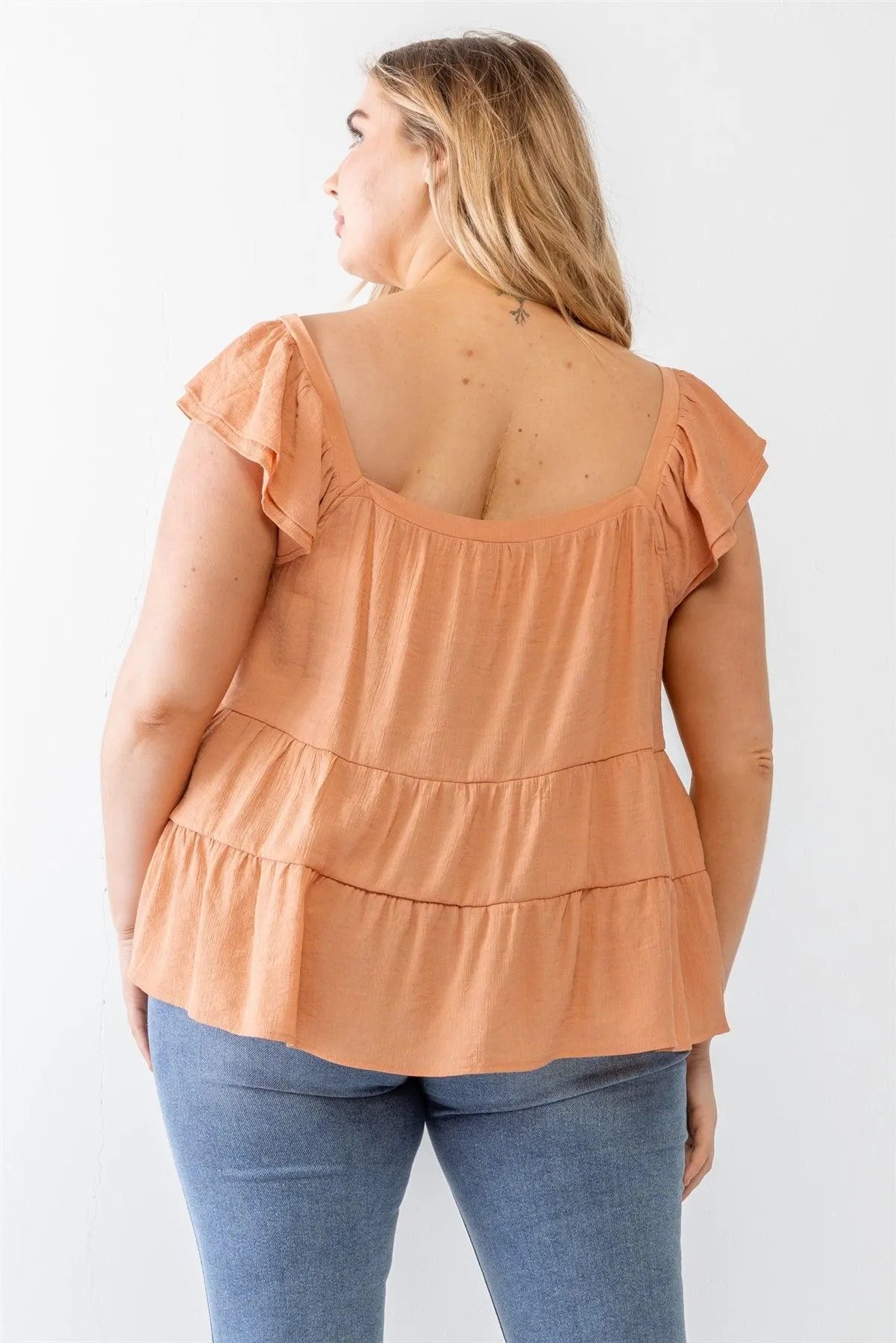 Junior Plus Apricot Crinkled Short Sleeve Flare Hem Top /3-2-1 - Tasha Apparel Wholesale
