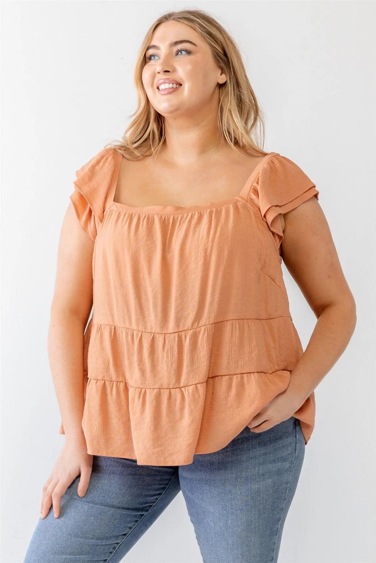Junior Plus Apricot Crinkled Short Sleeve Flare Hem Top /3-2-1 - Tasha Apparel Wholesale