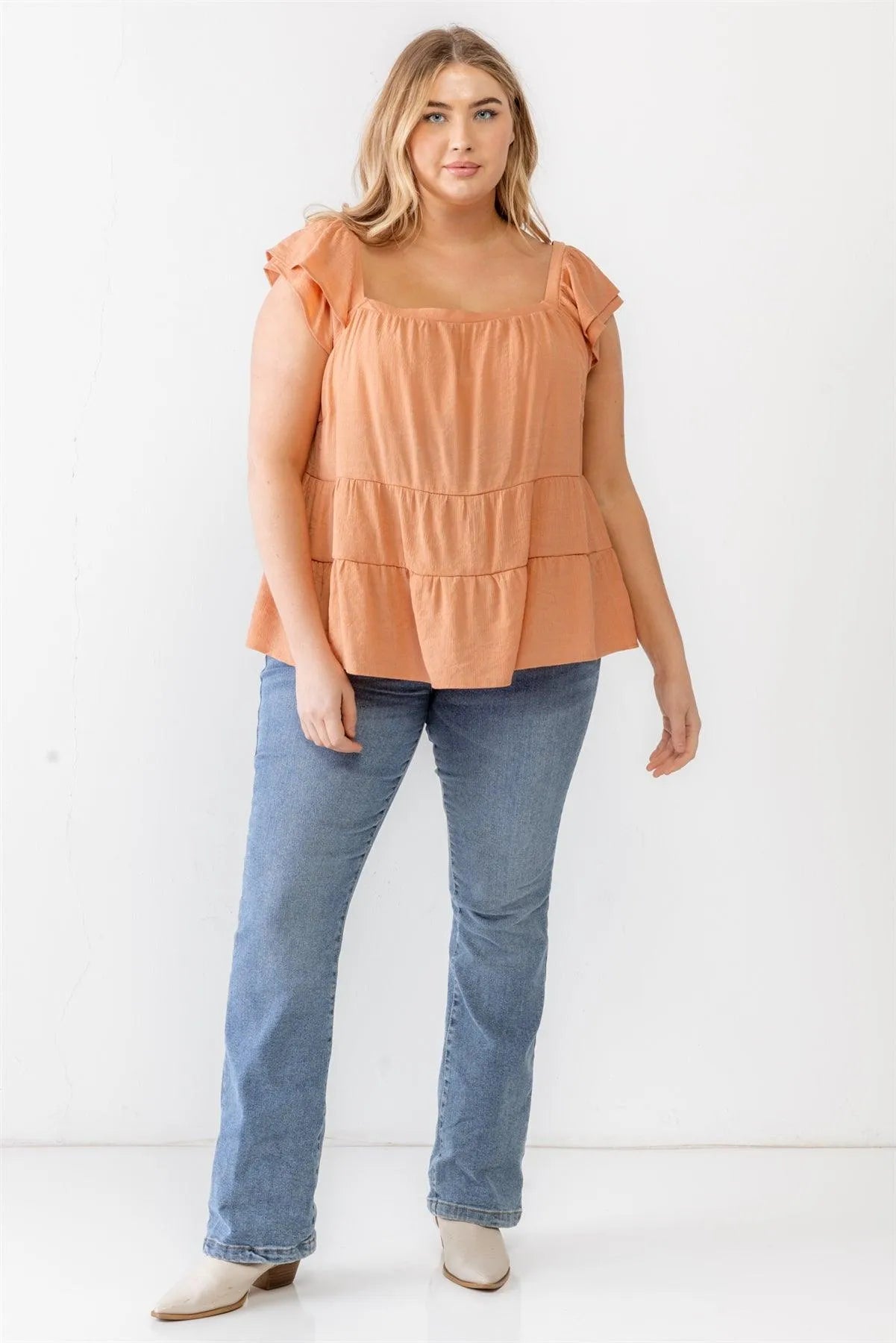Junior Plus Apricot Crinkled Short Sleeve Flare Hem Top /3-2-1 - Tasha Apparel Wholesale