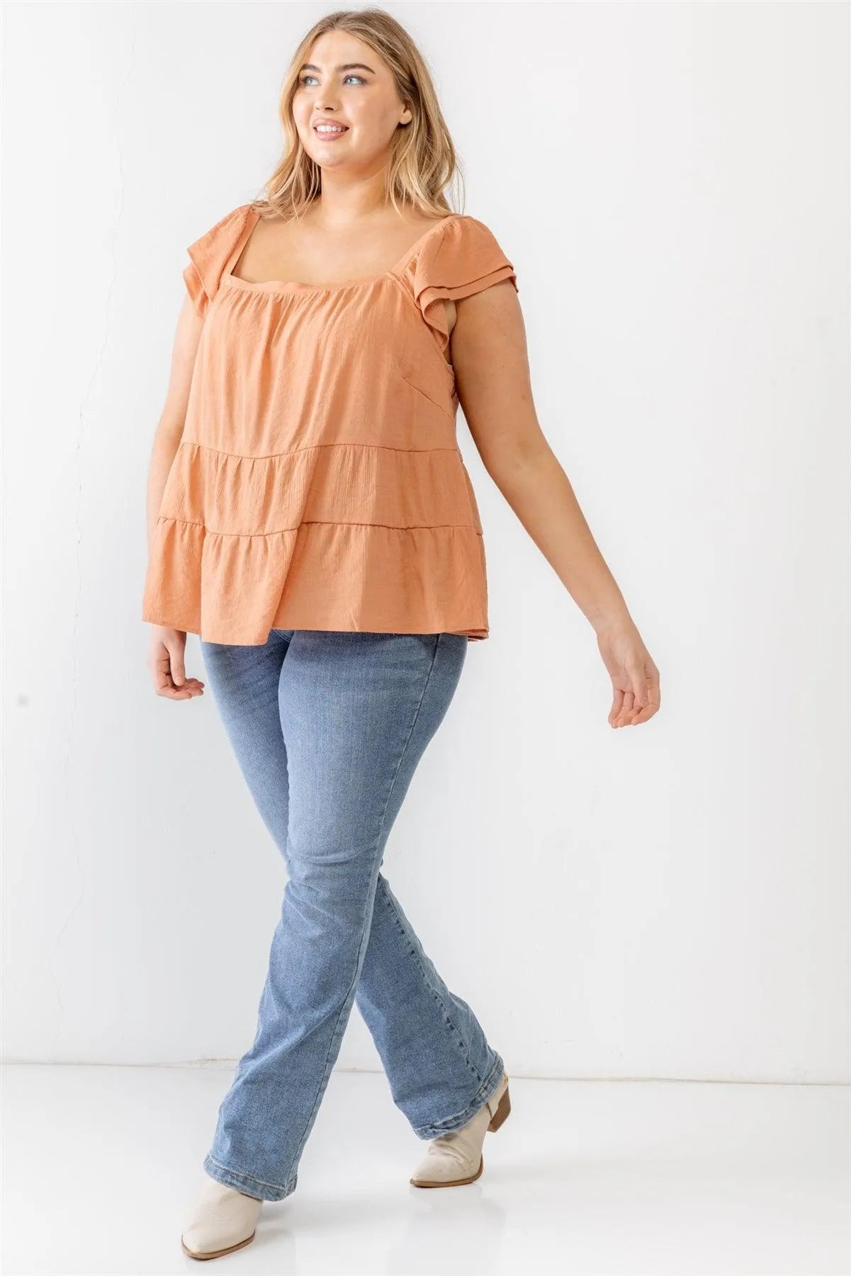 Junior Plus Apricot Crinkled Short Sleeve Flare Hem Top /3-2-1 - Tasha Apparel Wholesale