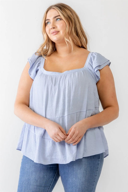 Junior Plus Baby Blue Crinkled Short Sleeve Flare Hem Top /3-2-1 - Tasha Apparel Wholesale