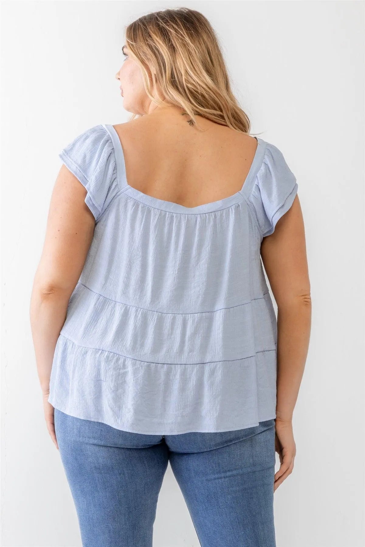 Junior Plus Baby Blue Crinkled Short Sleeve Flare Hem Top /3-2-1 - Tasha Apparel Wholesale