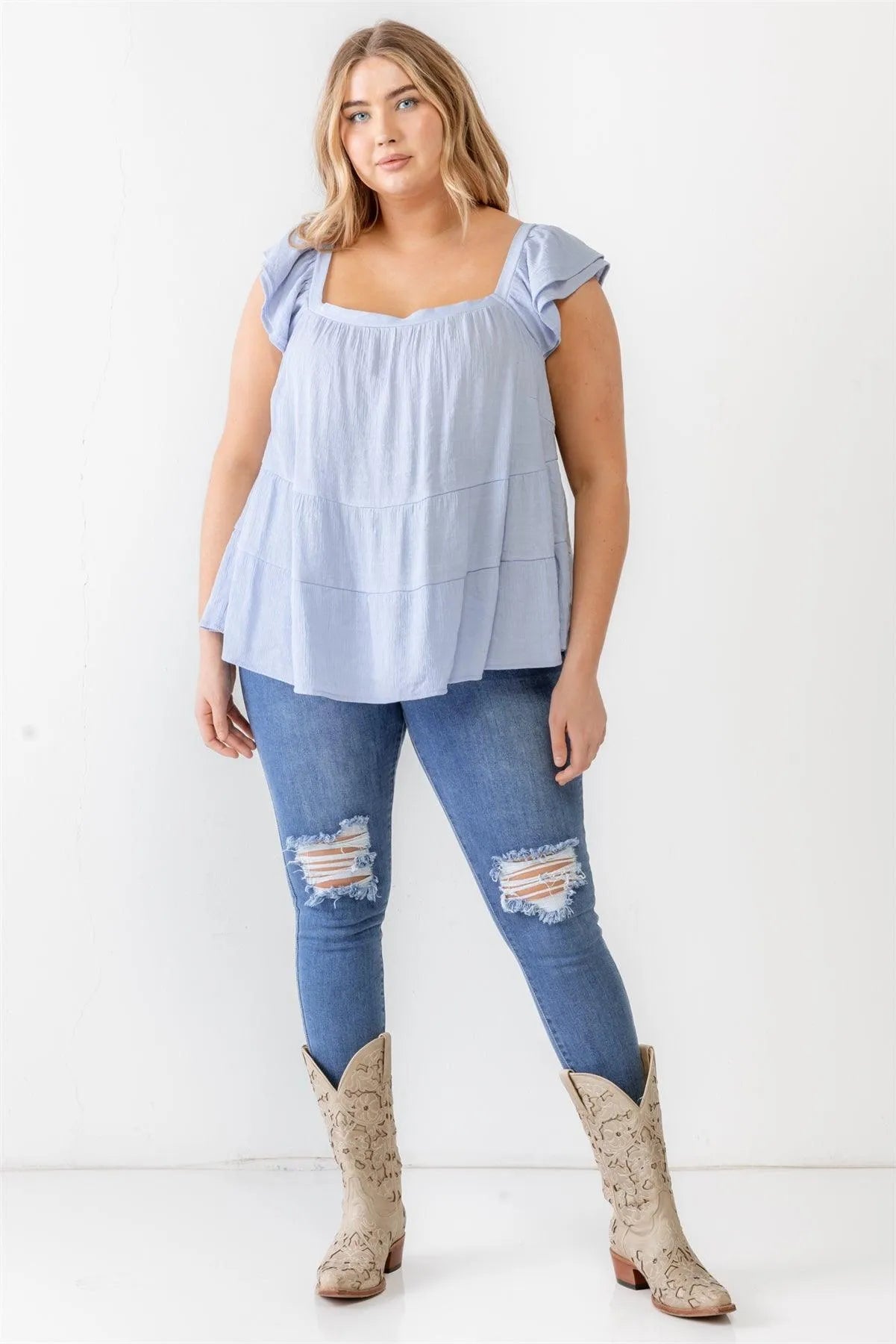 Junior Plus Baby Blue Crinkled Short Sleeve Flare Hem Top /3-2-1 - Tasha Apparel Wholesale