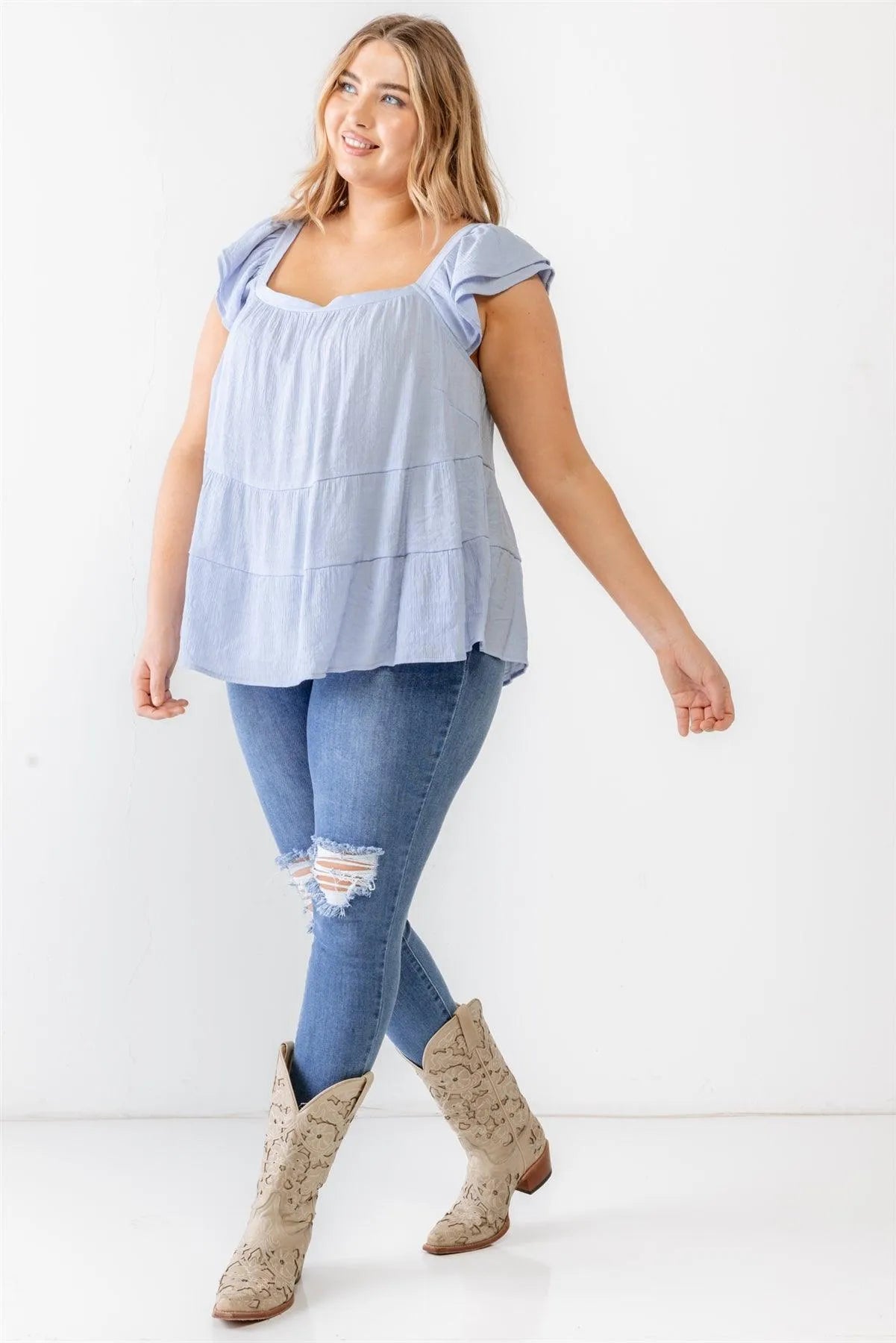 Junior Plus Baby Blue Crinkled Short Sleeve Flare Hem Top /3-2-1 - Tasha Apparel Wholesale