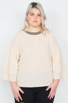 Plus Size Beige Beaded Round Neck Layered Bell Sleeve Chic Blouse /2-2-2 - Tasha Apparel Wholesale