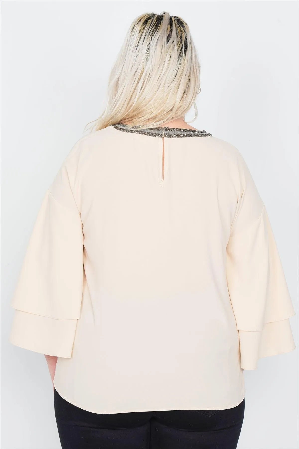 Plus Size Beige Beaded Round Neck Layered Bell Sleeve Chic Blouse /2-2-2 - Tasha Apparel Wholesale