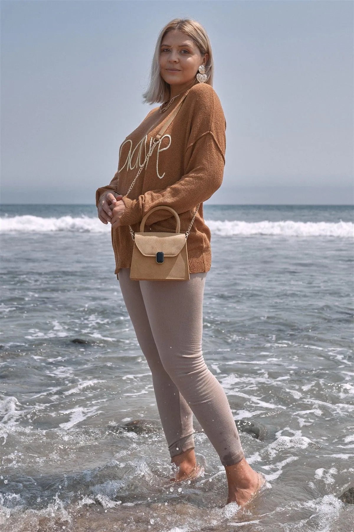 Junior Plus Size Camel Brown "J'adore" Script Knit Relaxed Fit Sweater /4-2 - Tasha Apparel Wholesale