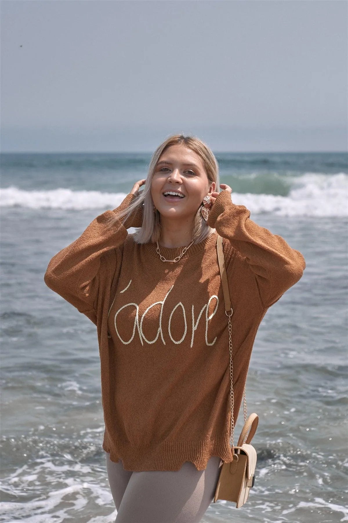 Junior Plus Size Camel Brown "J'adore" Script Knit Relaxed Fit Sweater /4-2 - Tasha Apparel Wholesale