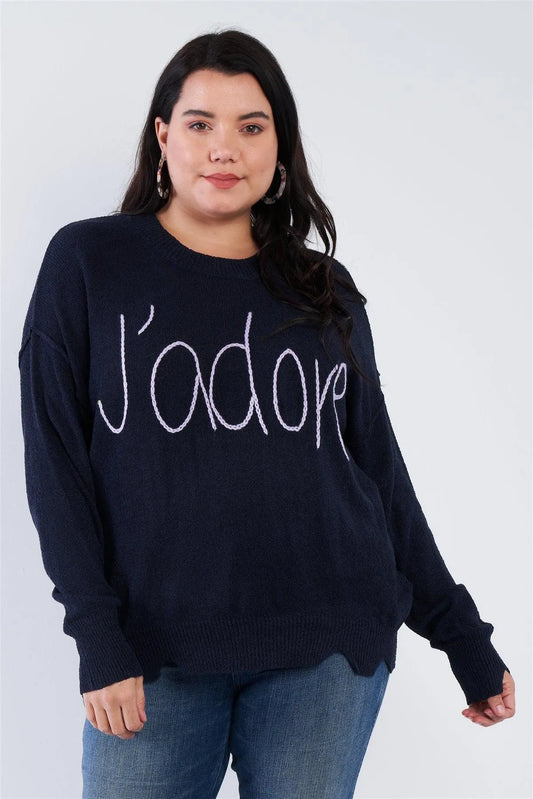 Junior Plus Size Navy Blue Purple "J'adore" Script Knit Relaxed Fit Sweater /4-2 - Tasha Apparel Wholesale