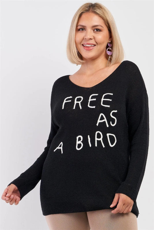 Junior Plus Black "Free As A Bird" Logo Knit Sweater /2-3 - Tasha Apparel Wholesale
