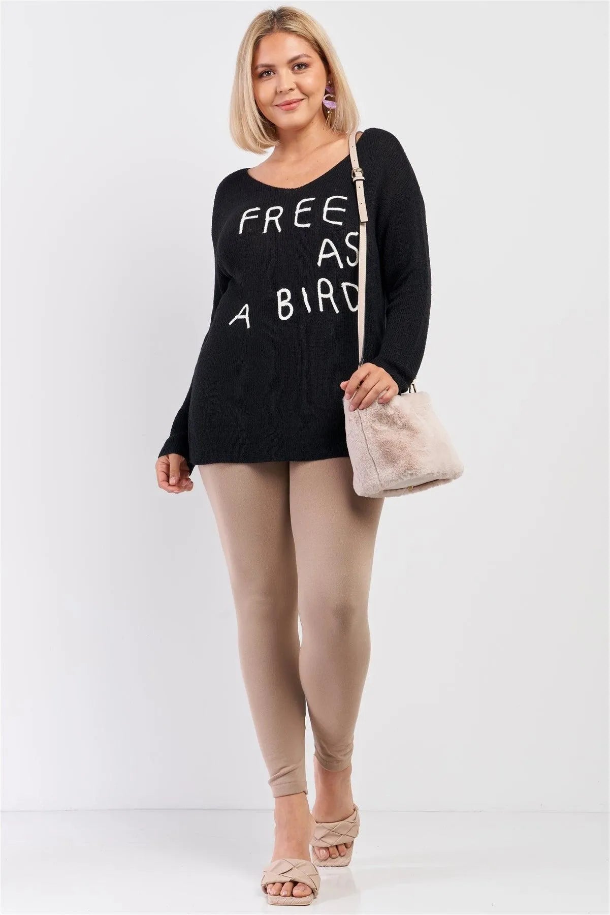Junior Plus Black "Free As A Bird" Logo Knit Sweater /3-3 - Tasha Apparel Wholesale