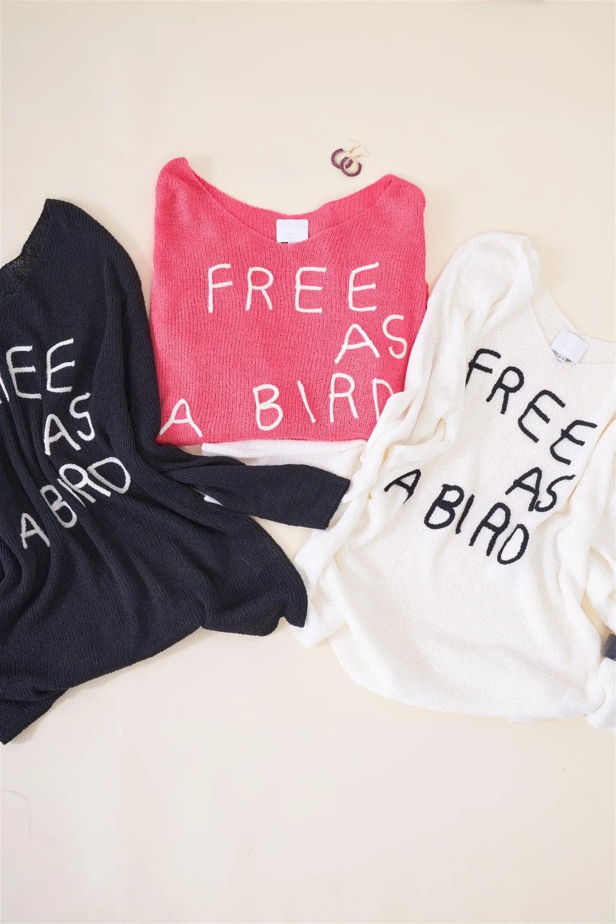 Junior Plus Ivory "Free As A Bird" Logo Knit Sweater /4-2 - Tasha Apparel Wholesale