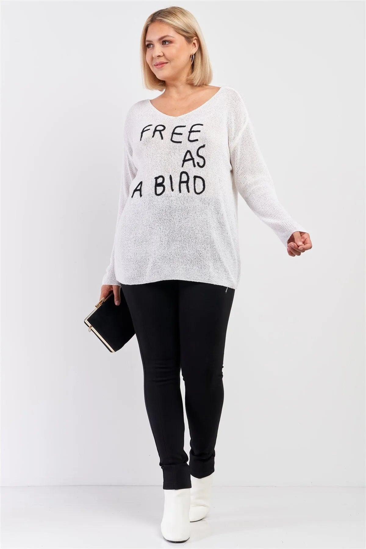 Junior Plus Ivory "Free As A Bird" Logo Knit Sweater /5-1 - Tasha Apparel Wholesale