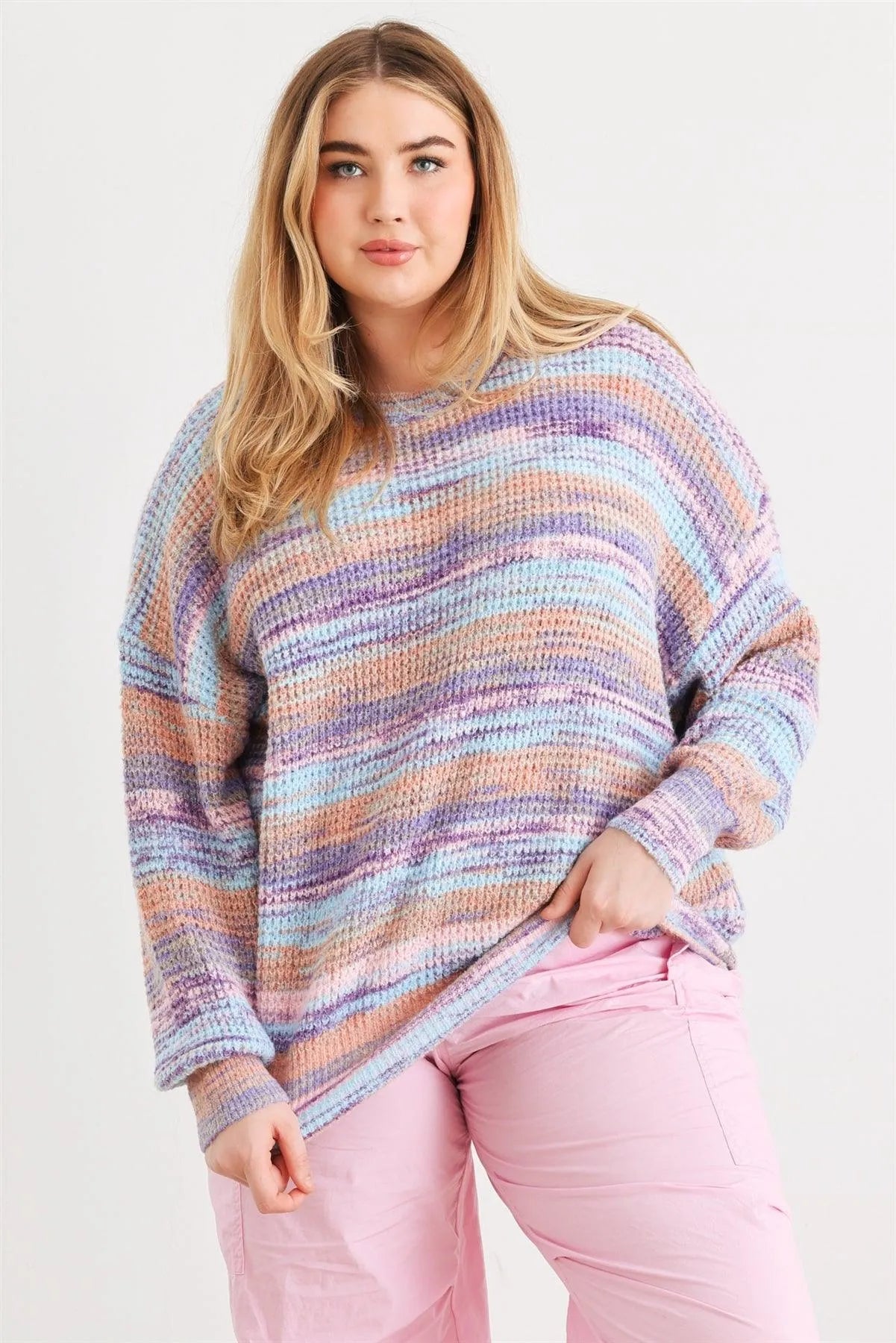 Junior Plus Multi Crochet Knit Crew Neck Long Sleeve Sweater /3-2-1 - Tasha Apparel Wholesale