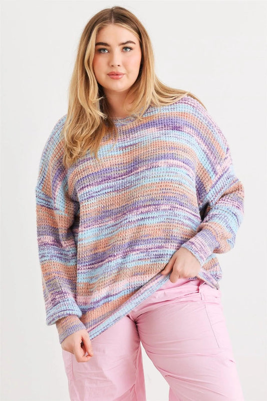 Junior Plus Multi Crochet Knit Crew Neck Long Sleeve Sweater /3-2-1 - Tasha Apparel Wholesale
