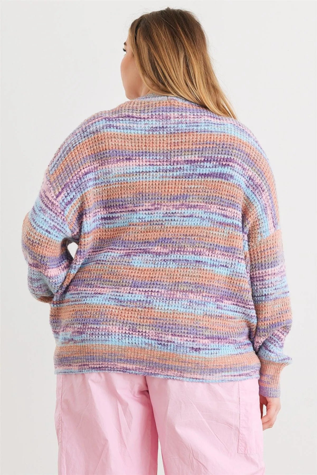 Junior Plus Multi Crochet Knit Crew Neck Long Sleeve Sweater /3-2-1 - Tasha Apparel Wholesale