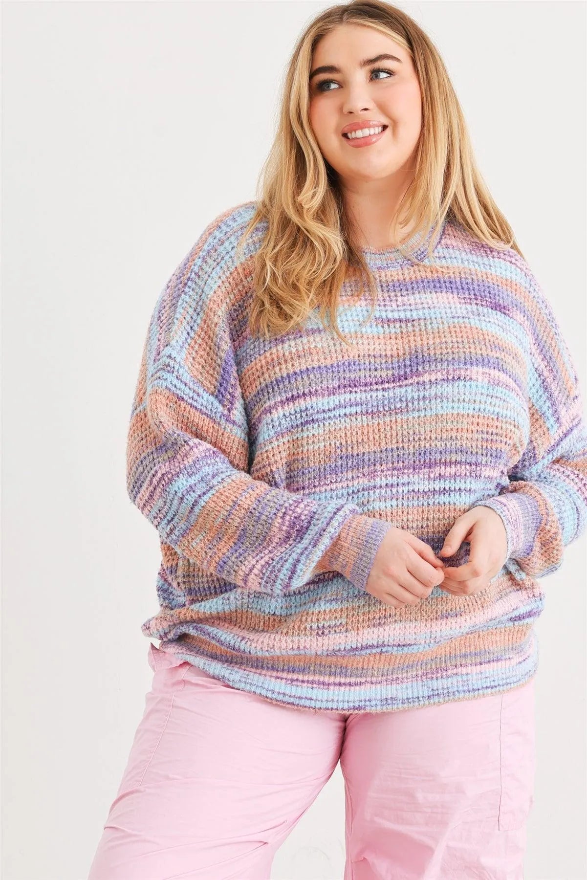 Junior Plus Multi Crochet Knit Crew Neck Long Sleeve Sweater /3-2-1 - Tasha Apparel Wholesale