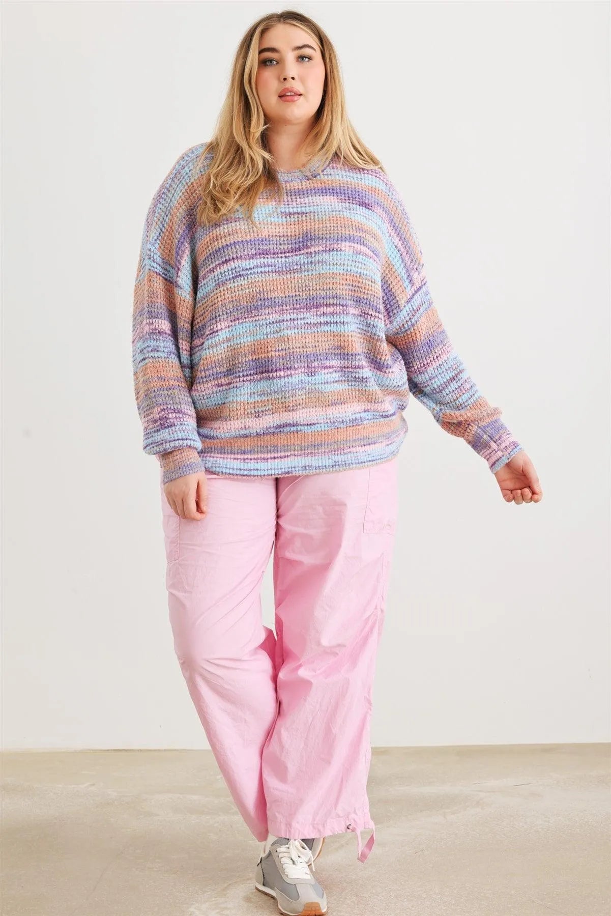 Junior Plus Multi Crochet Knit Crew Neck Long Sleeve Sweater /3-2-1 - Tasha Apparel Wholesale