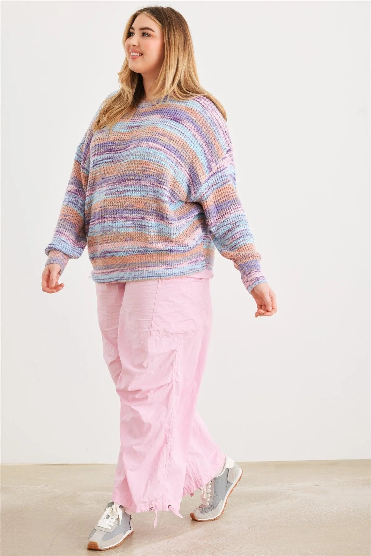 Junior Plus Multi Crochet Knit Crew Neck Long Sleeve Sweater /3-2-1 - Tasha Apparel Wholesale